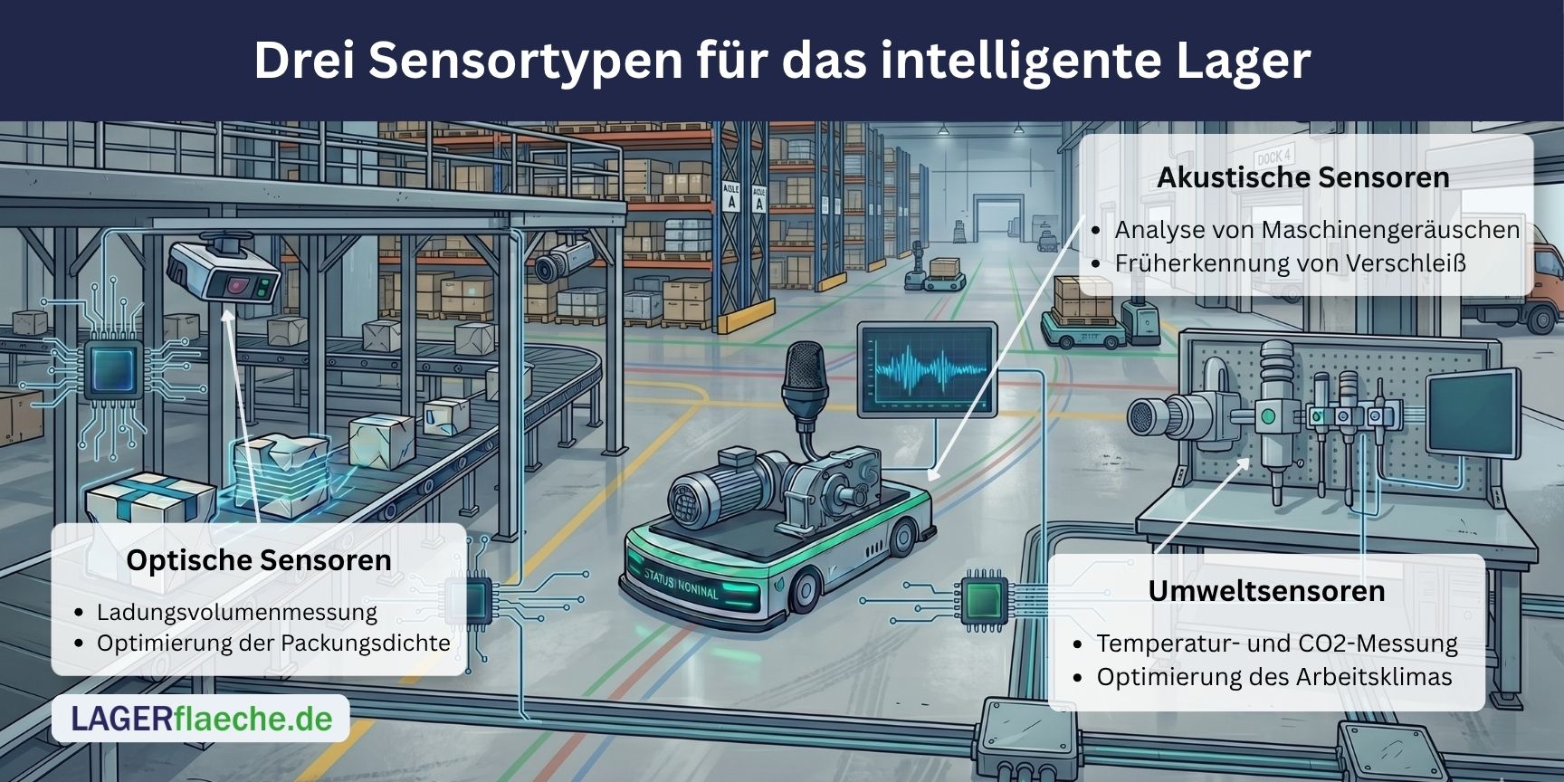 Eine Infografik über drei Arten von IoT-Sensoren in einer modernen Smart-Warehouse-Halle: Optische Sensoren an einem Förderband zur Frachtgutmessung, akustische Sensoren auf einem fahrerlosen Transportsystem (FTS) zur Geräuschanalyse und Umweltsensoren an der Wand nahe den Verladetoren.